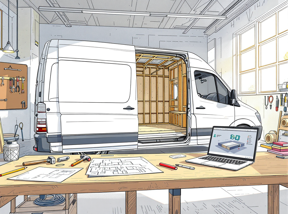 detailed architectural plan for a van conversion with technical tools on a wooden table
